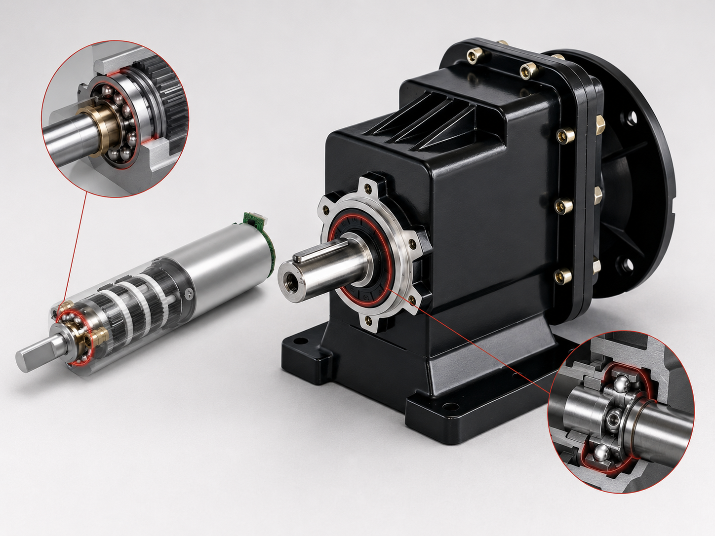 Gearbox and compact reducer with shaft bearing cutaway details