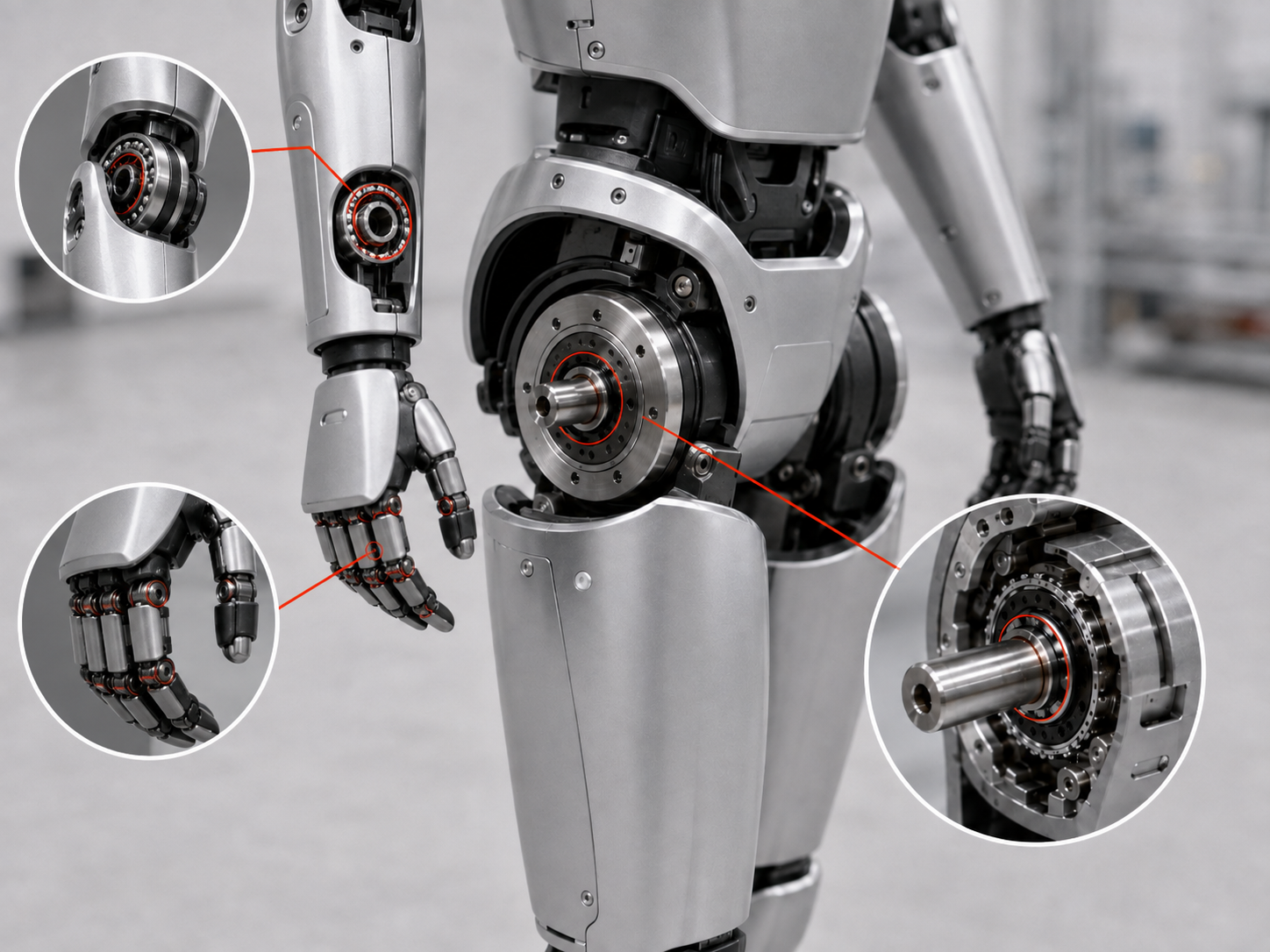 Humanoid robot with highlighted arm, hand and hip bearing details