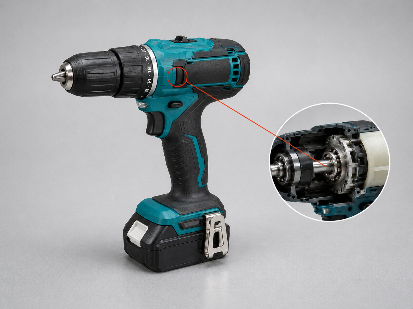 Cordless drill with a highlighted bearing location and internal assembly close-up
