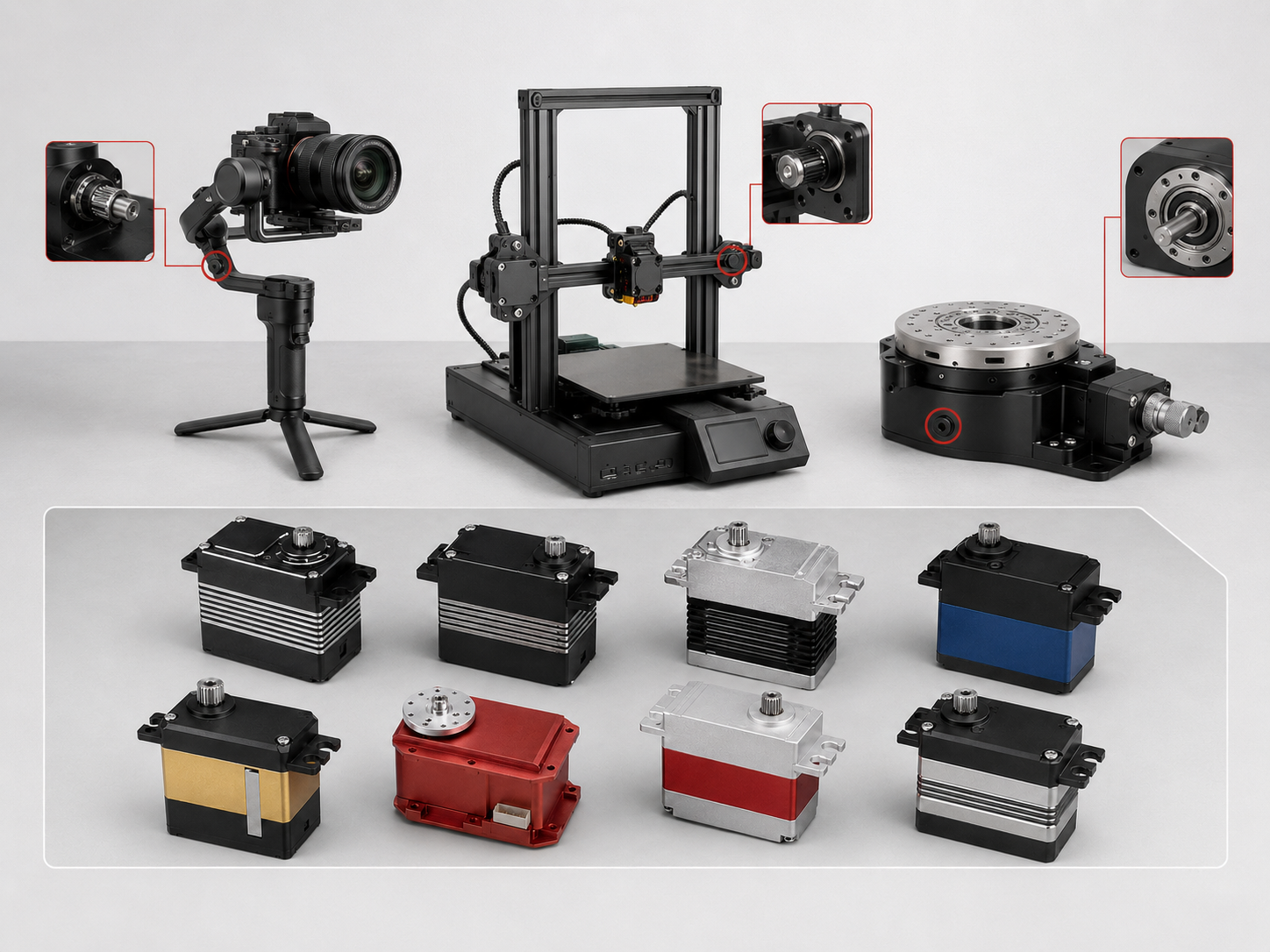 Camera gimbal, 3D printer, rotary stage and servo motors with bearing details
